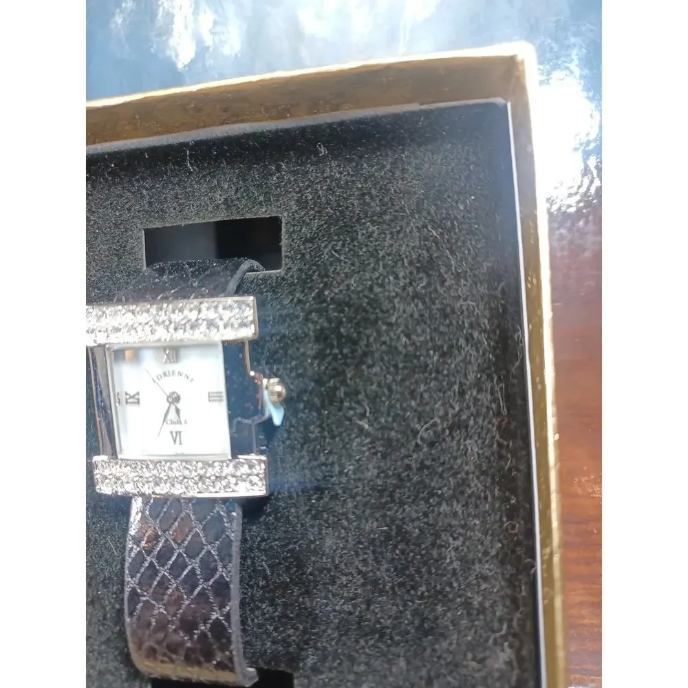 Adrienne Club A Mother Of Pearl White Rhinestone Silvertone Black Band With Box - Picture 3 of 8